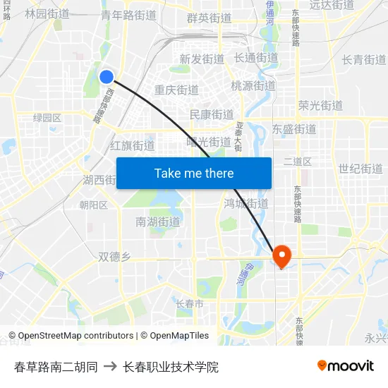 春草路南二胡同 to 长春职业技术学院 map