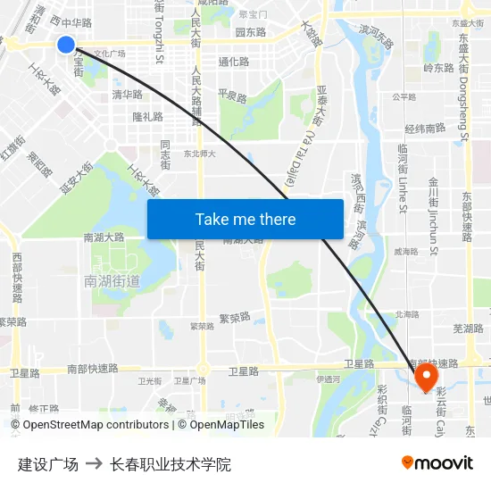 建设广场 to 长春职业技术学院 map
