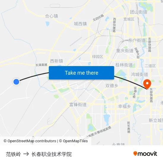 范铁岭 to 长春职业技术学院 map