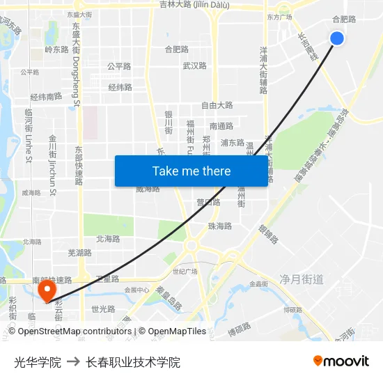 光华学院 to 长春职业技术学院 map
