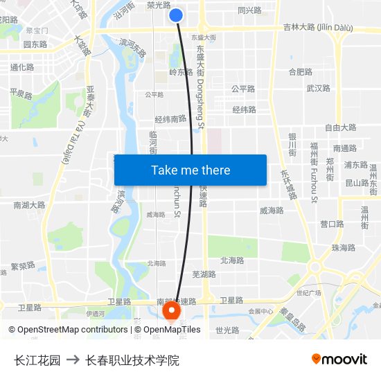 长江花园 to 长春职业技术学院 map