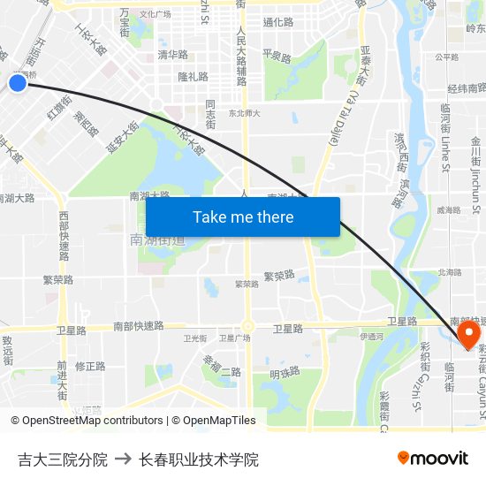 吉大三院分院 to 长春职业技术学院 map