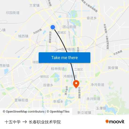 十五中学 to 长春职业技术学院 map