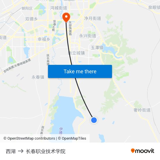 西湖 to 长春职业技术学院 map