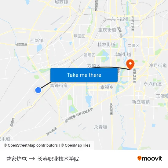 曹家炉屯 to 长春职业技术学院 map