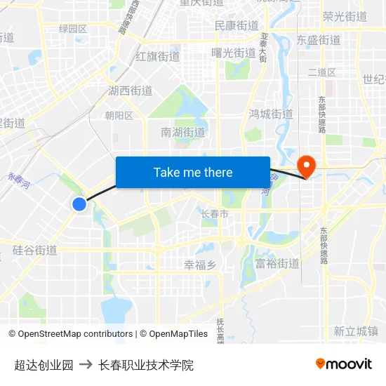 超达创业园 to 长春职业技术学院 map