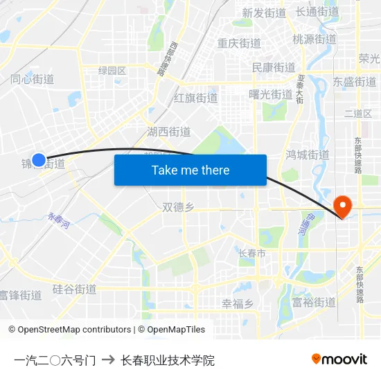 一汽二〇六号门 to 长春职业技术学院 map