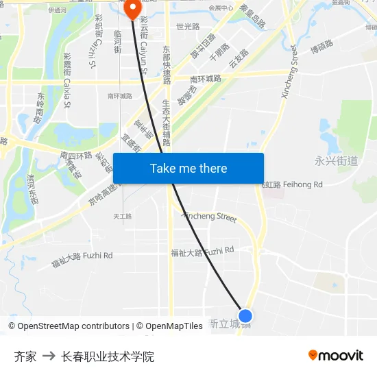 齐家 to 长春职业技术学院 map
