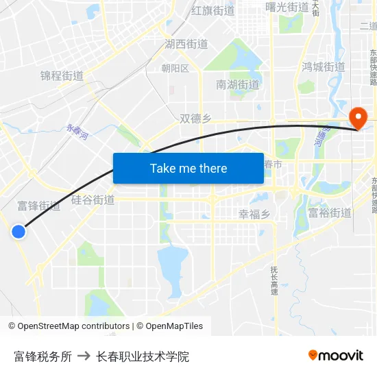 富锋税务所 to 长春职业技术学院 map