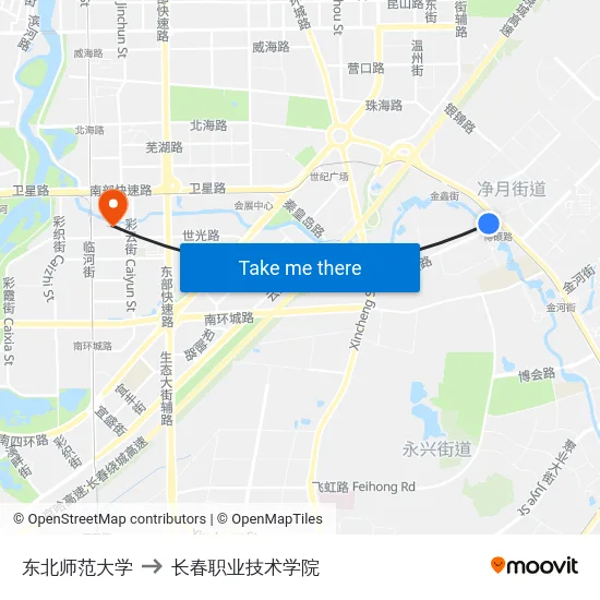 东北师范大学 to 长春职业技术学院 map