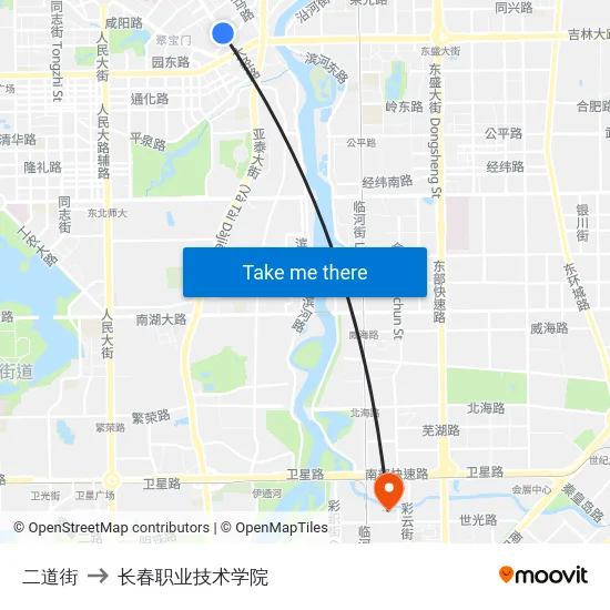 二道街 to 长春职业技术学院 map