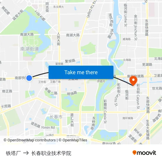 铁塔厂 to 长春职业技术学院 map