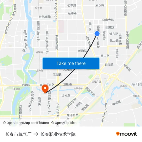 长春市氧气厂 to 长春职业技术学院 map