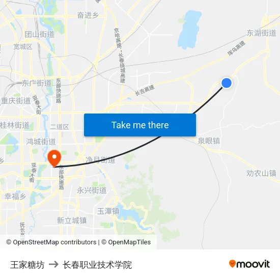 王家糖坊 to 长春职业技术学院 map