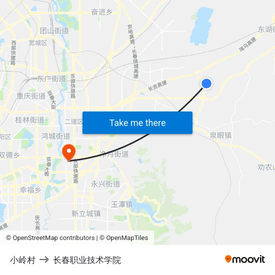 小岭村 to 长春职业技术学院 map