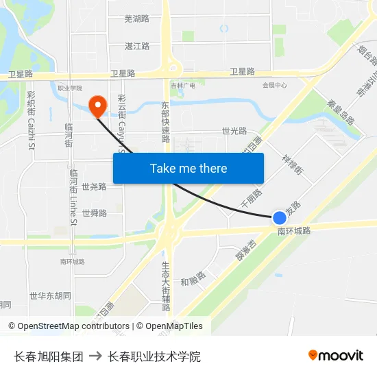 长春旭阳集团 to 长春职业技术学院 map