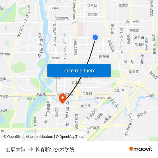 会展大街 to 长春职业技术学院 map