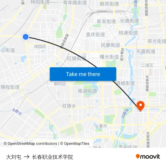 大刘屯 to 长春职业技术学院 map