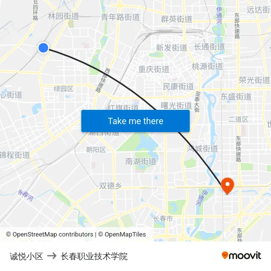 诚悦小区 to 长春职业技术学院 map