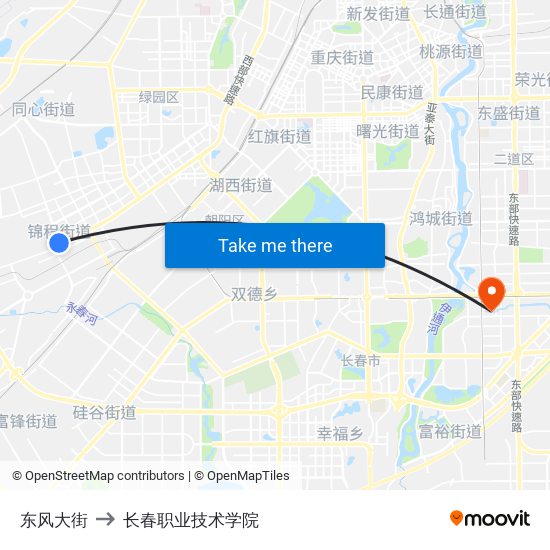 东风大街 to 长春职业技术学院 map
