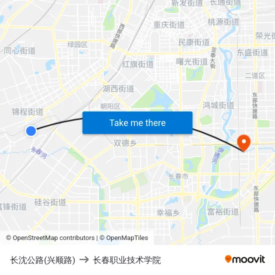 长沈公路(兴顺路) to 长春职业技术学院 map