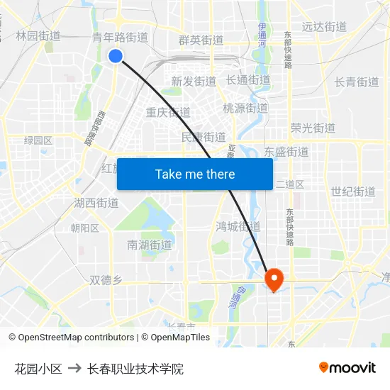 花园小区 to 长春职业技术学院 map