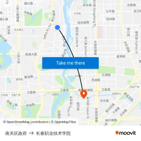 南关区政府 to 长春职业技术学院 map