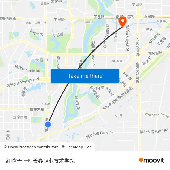 红嘴子 to 长春职业技术学院 map