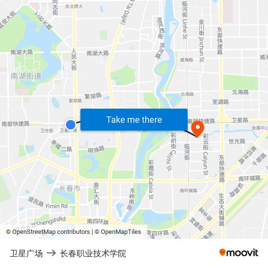 卫星广场 to 长春职业技术学院 map