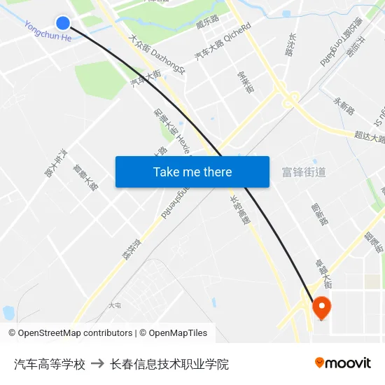 汽车高等学校 to 长春信息技术职业学院 map