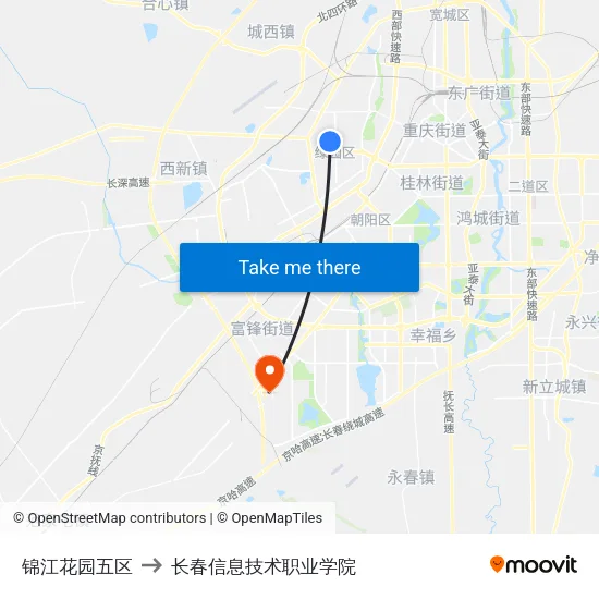 锦江花园五区 to 长春信息技术职业学院 map