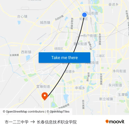 市一二三中学 to 长春信息技术职业学院 map
