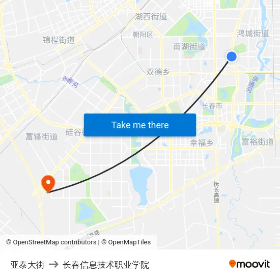 亚泰大街 to 长春信息技术职业学院 map