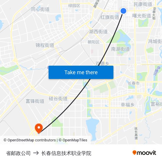 省邮政公司 to 长春信息技术职业学院 map