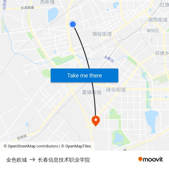 金色欧城 to 长春信息技术职业学院 map