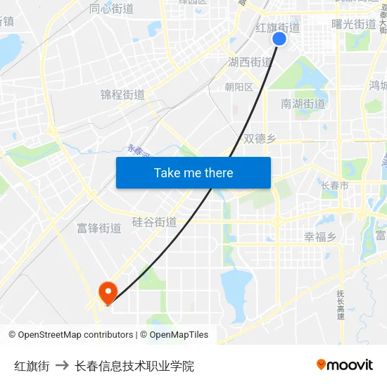 红旗街 to 长春信息技术职业学院 map