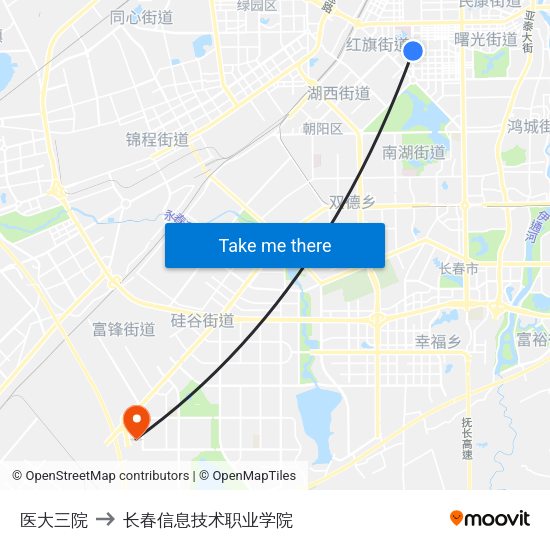 医大三院 to 长春信息技术职业学院 map