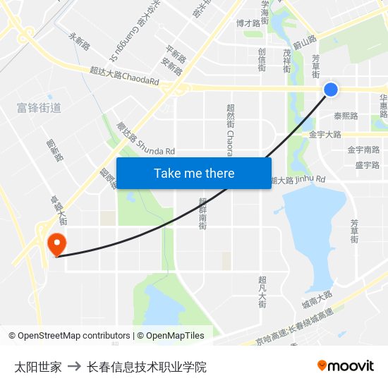 太阳世家 to 长春信息技术职业学院 map