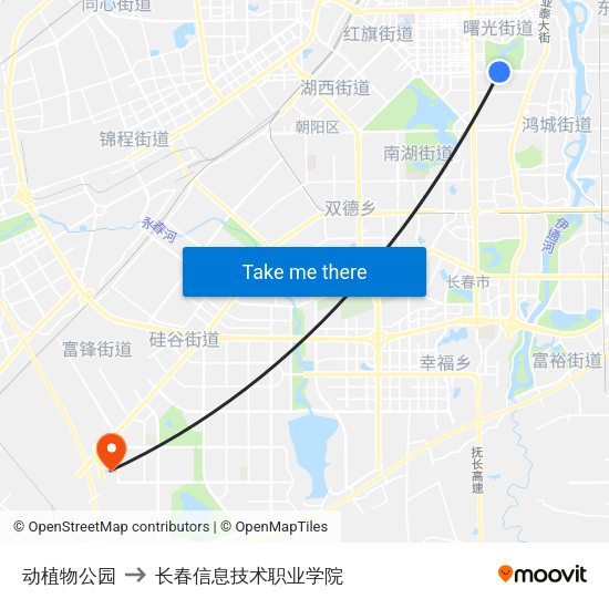 动植物公园 to 长春信息技术职业学院 map
