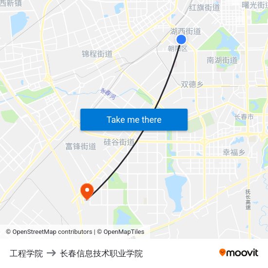 工程学院 to 长春信息技术职业学院 map