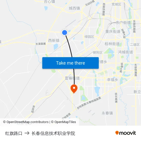 红旗路口 to 长春信息技术职业学院 map