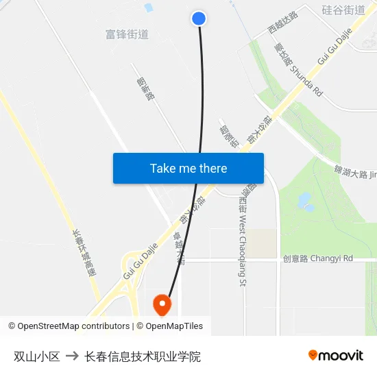 双山小区 to 长春信息技术职业学院 map