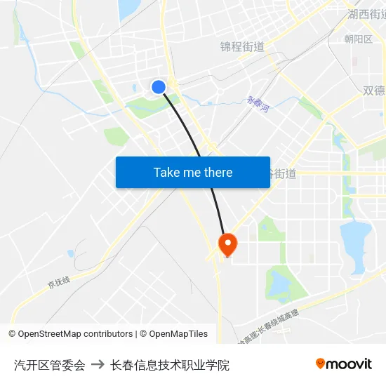 汽开区管委会 to 长春信息技术职业学院 map