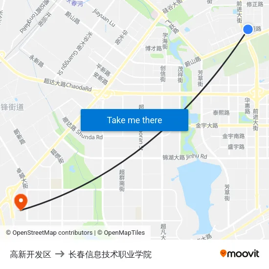 高新开发区 to 长春信息技术职业学院 map