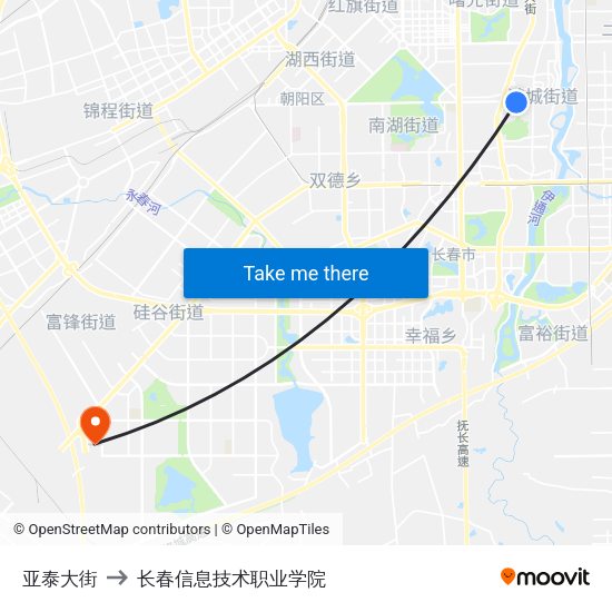 亚泰大街 to 长春信息技术职业学院 map