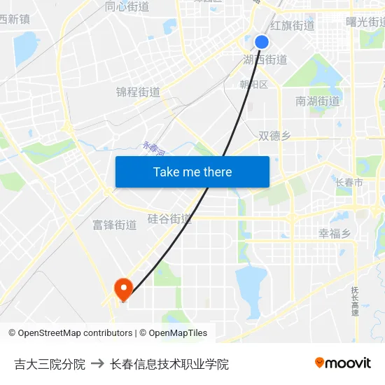 吉大三院分院 to 长春信息技术职业学院 map