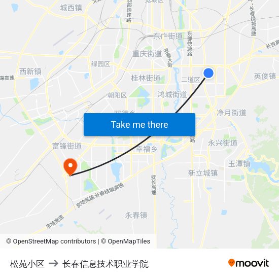 松苑小区 to 长春信息技术职业学院 map