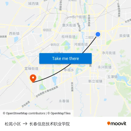 松苑小区 to 长春信息技术职业学院 map