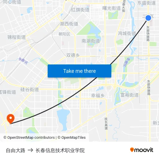 自由大路 to 长春信息技术职业学院 map