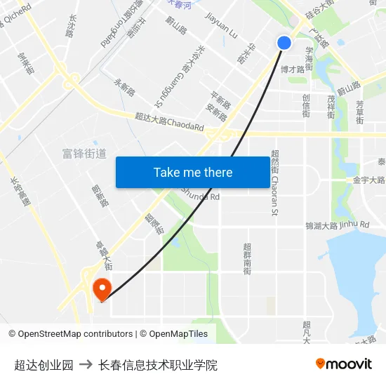 超达创业园 to 长春信息技术职业学院 map